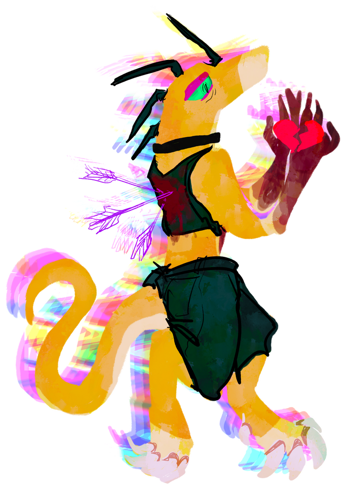 image of a broken-hearted creature named BREVEN, wounded, phasing through space.